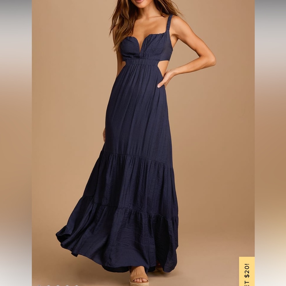 LULU’S Sweep Me Away Navy Blue Back Cutout
Sleeveless Maxi Dress
